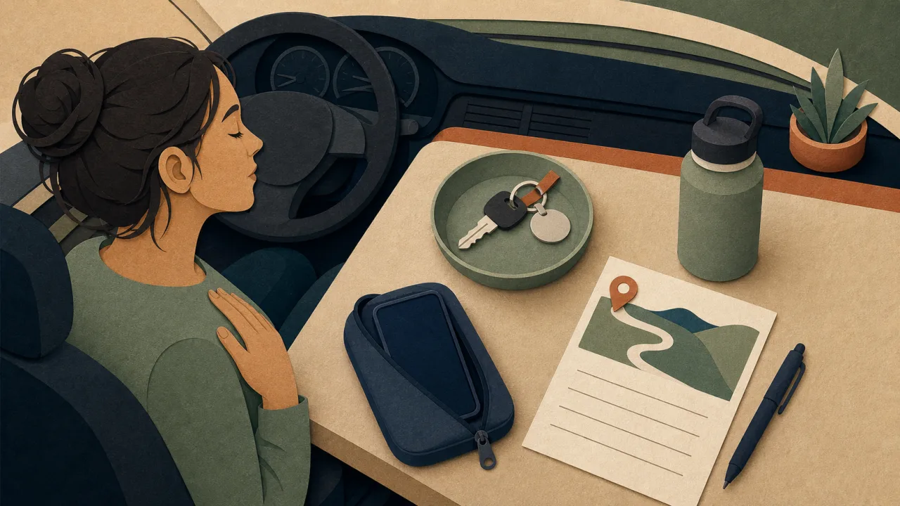 Personne qui prépare son trajet avec clés, téléphone et carte avant de prendre la route