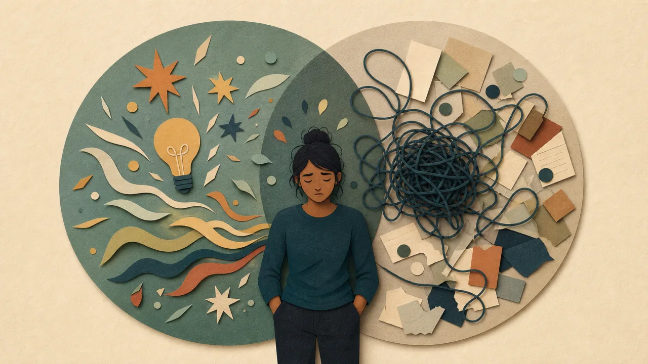 Personne entre une zone calme et une zone chargée de stimuli, illustration de l'effort de filtrage attentionnel