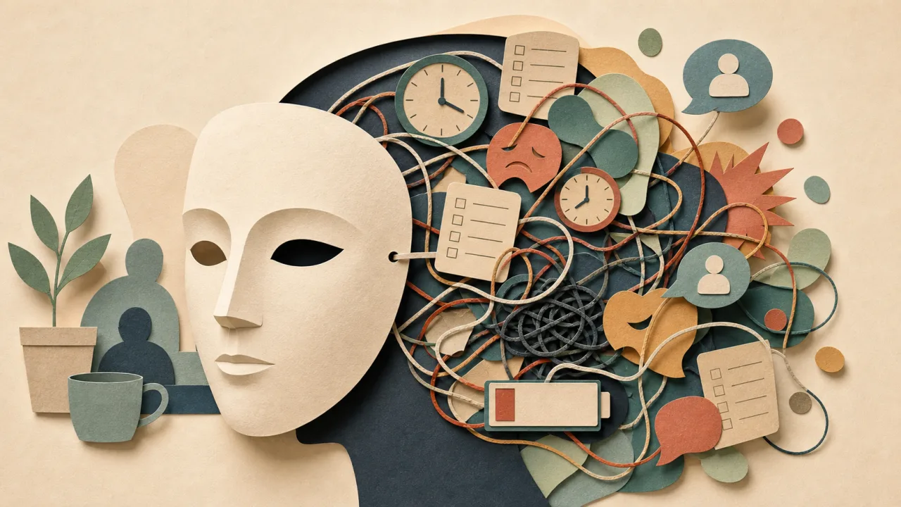 Masking TDAH adulte : masque social calme devant et coût énergétique invisible derrière