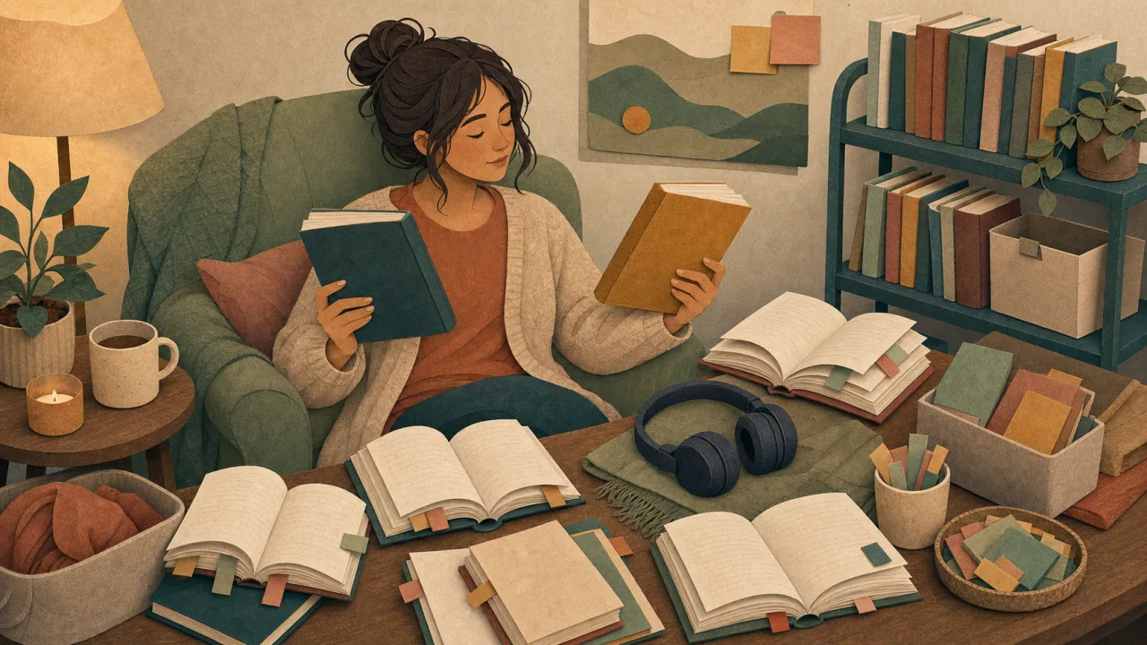 Lecture TDAH adulte : livres ouverts, audiobooks, marque-pages et stratégies pour lire selon son énergie