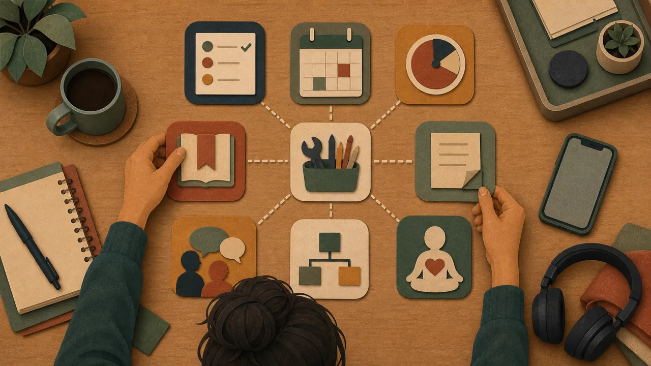 Stack apps TDAH : écosystème d’outils séparant tâches, calendrier, focus, notes, favoris et body doubling