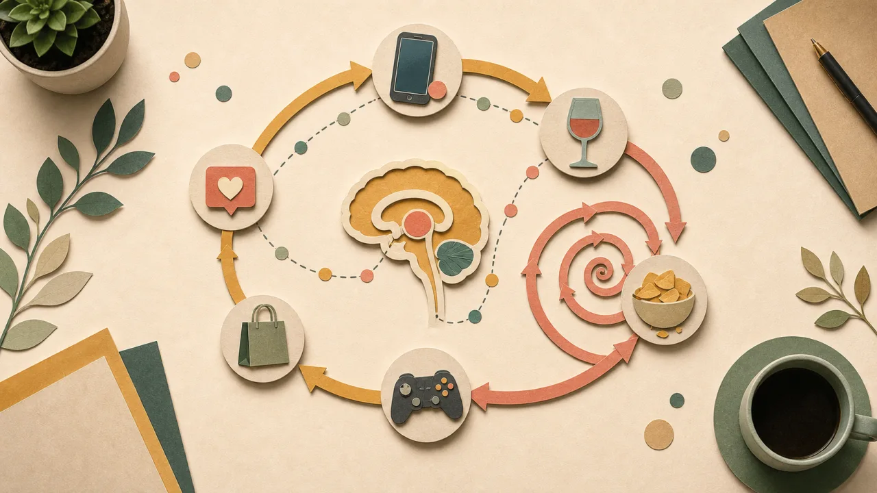 TDAH et addiction : boucle de dopamine avec téléphone, achats, jeux, alcool et grignotage autour du circuit de récompense