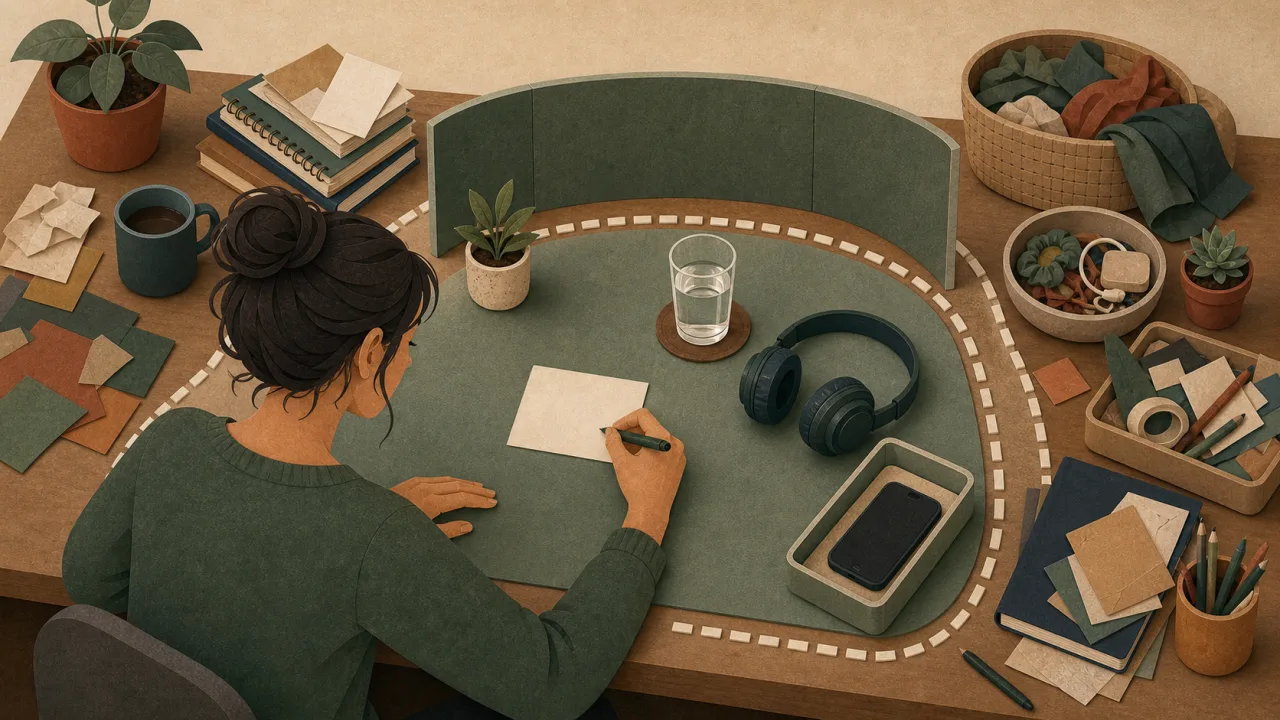 Zone de concentration TDAH : téléphone rangé, tâche unique, casque et frontière visuelle contre les stimuli