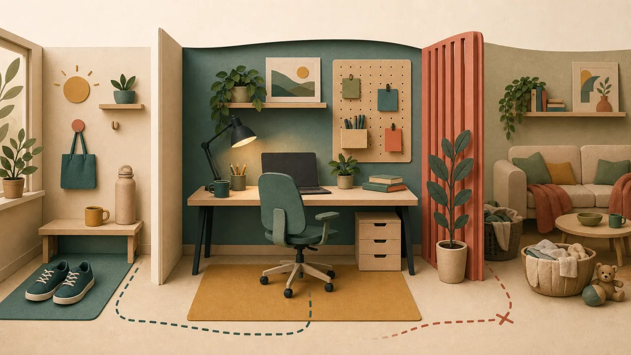 Télétravail TDAH : espace dédié à domicile avec séparation claire entre maison et travail
